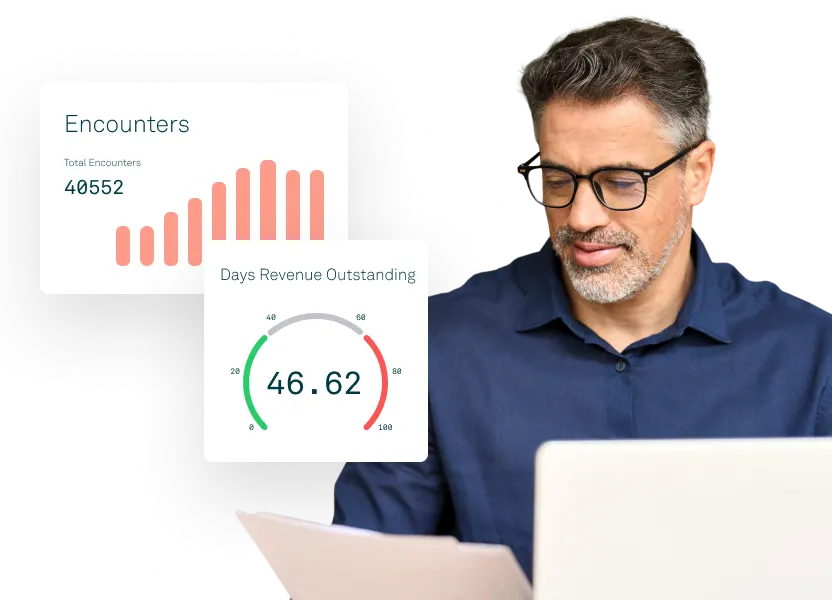 Healthcare billing specialist reviewing revenue reports with a digital insurance A/R dashboard.