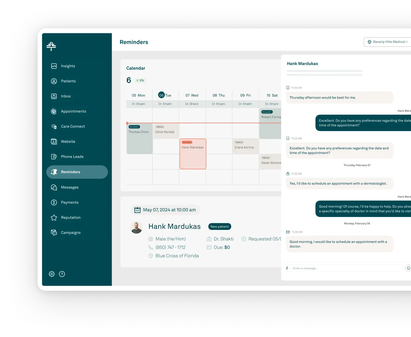 Calendar and messaging interface showing appointment reminders and secure patient-provider communications.
