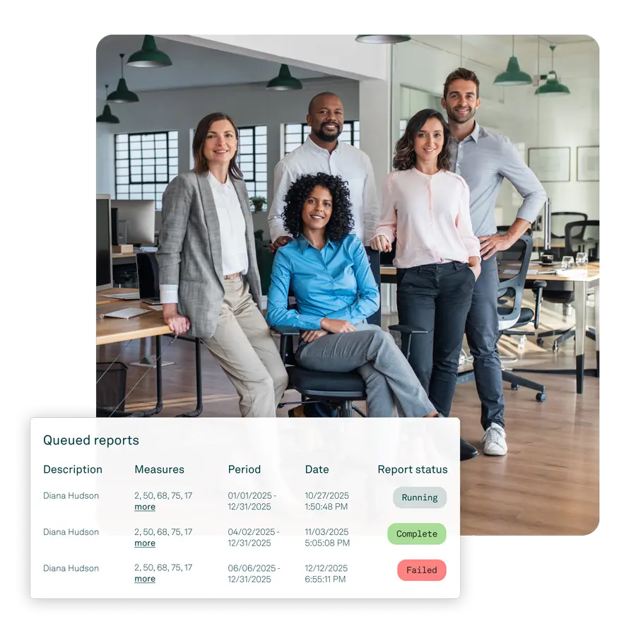 Billing company team in modern office viewing queued client reports dashboard—depicts Tebra tools for multi-client management and branded reporting