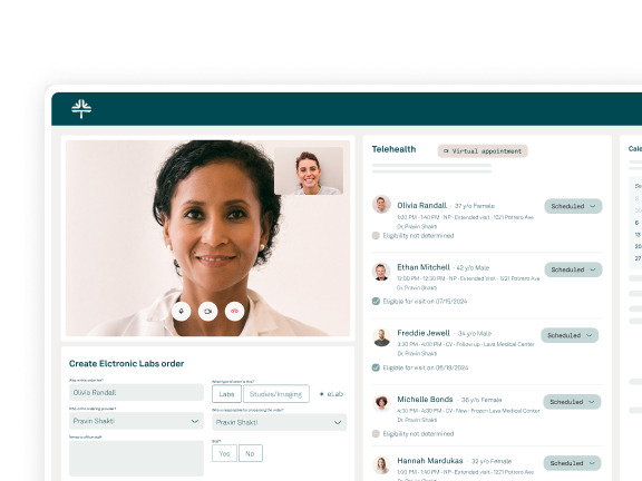 Tebra EHR product interface with floating patient and performance stats.