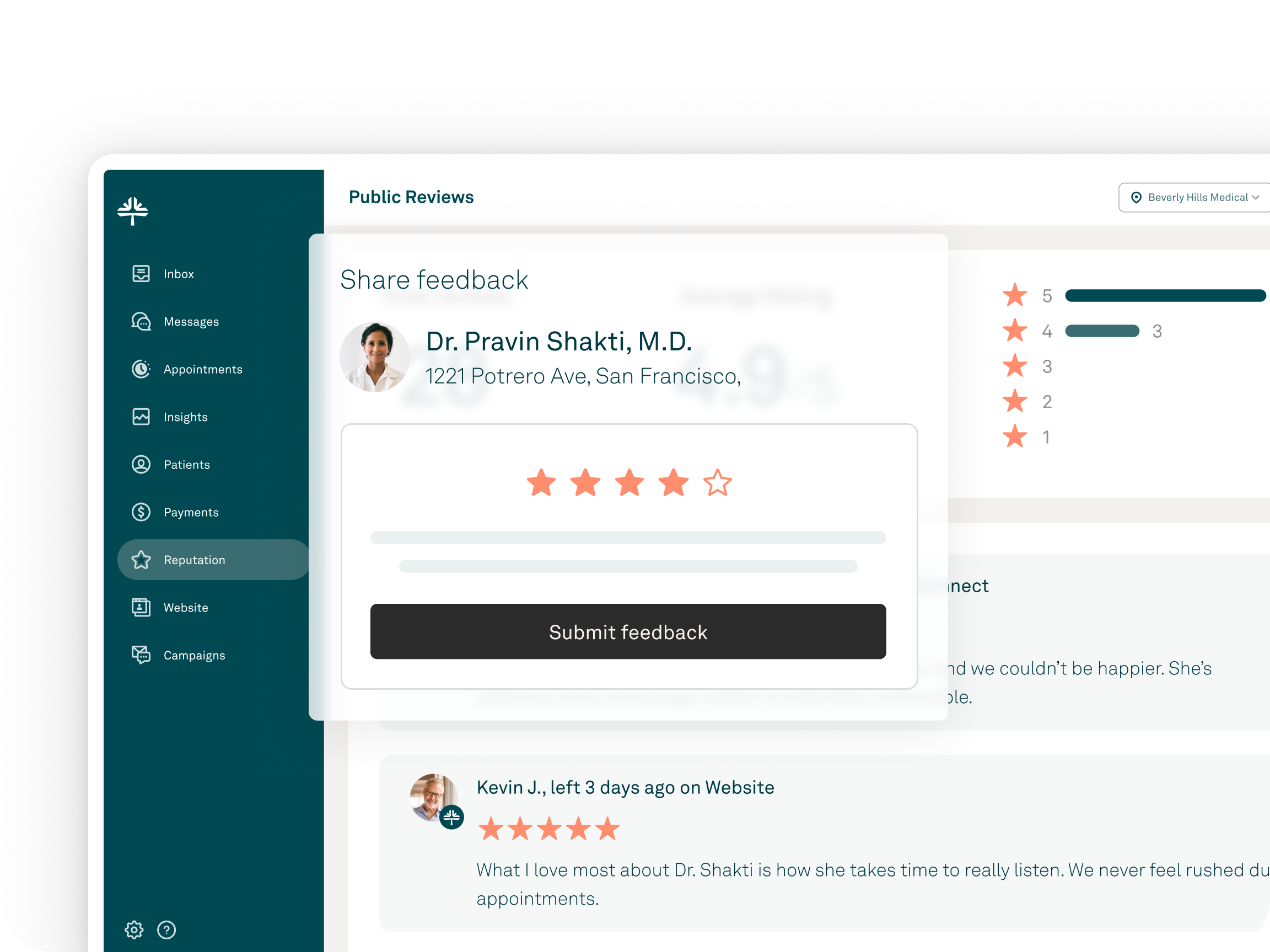 Tebra medical practice marketing product interface with reputation and profile panels.