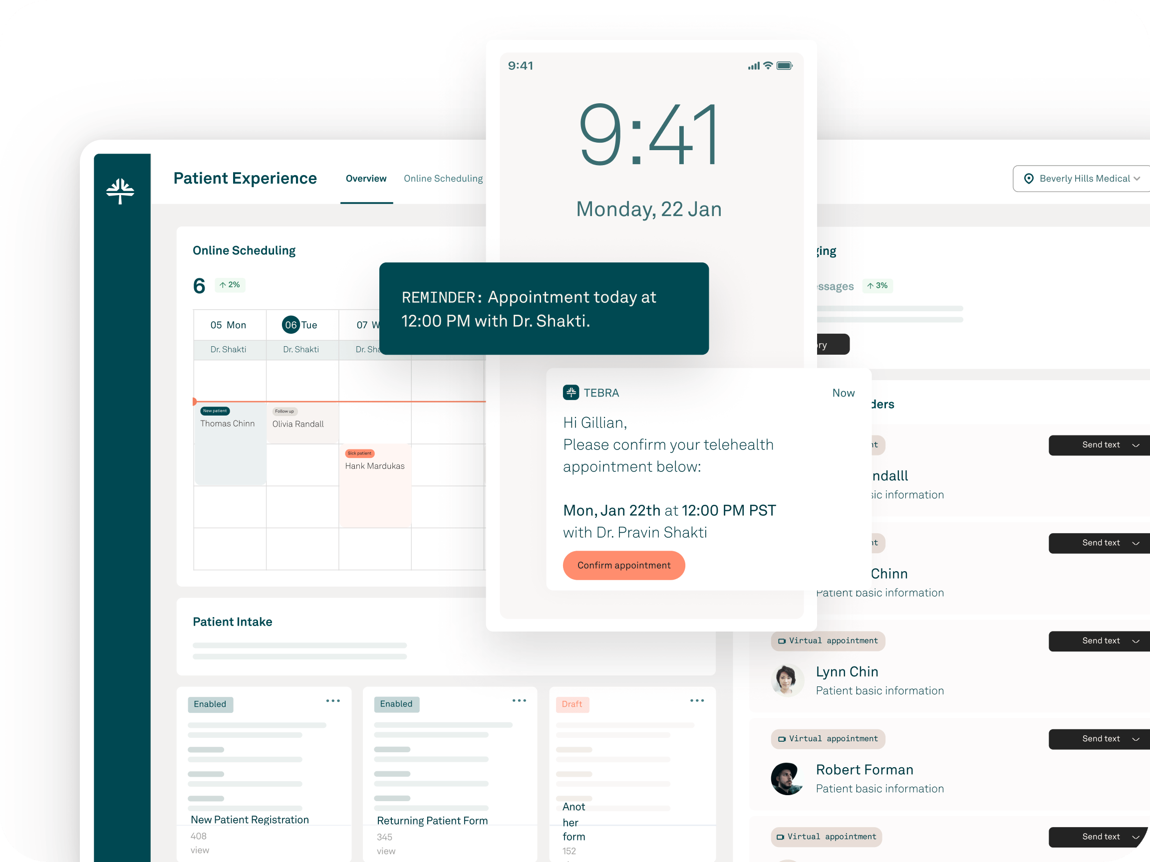 Tebra patient experience product interface with scheduling and communication panels.