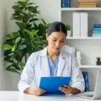 A medical professional reviewing patient information on a clipboard in a well-lit, organized office, symbolizing focus and quality care.